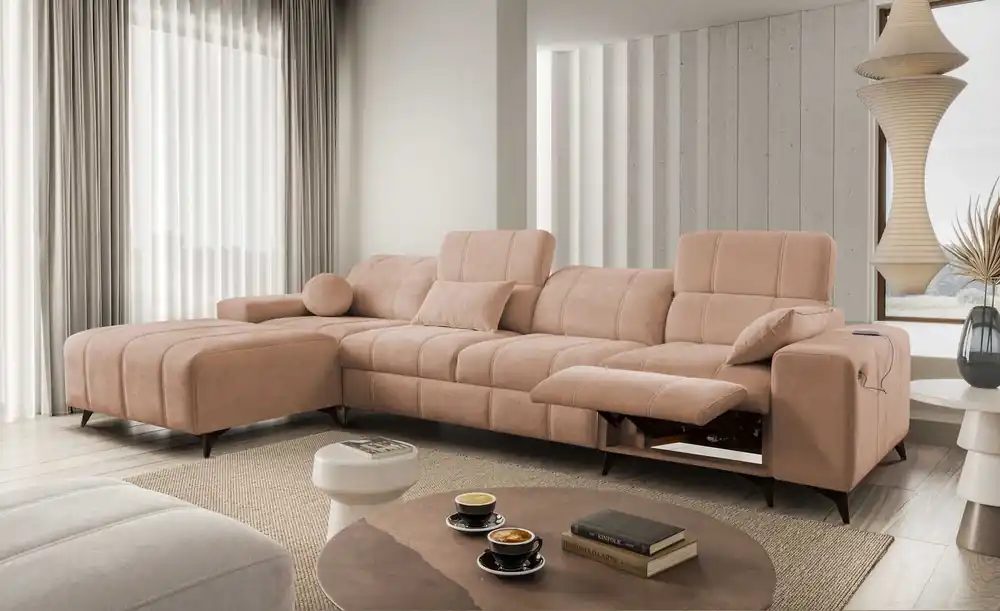 Ecksofa mit Schlaffunktion Penejos XII Lux lachsfarbe linke stilvolles Ecksofa mit komfortablem ausziehbarem Fußteil Solange Der Vorrat Reicht