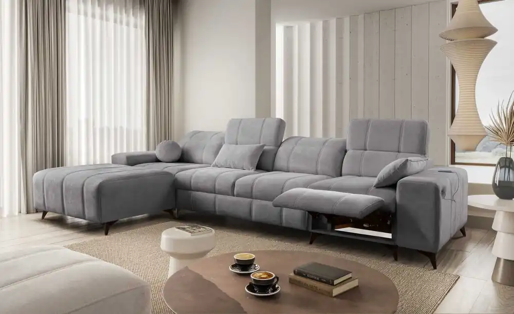 Schneller Versand Ecksofa mit Schlaffunktion Penejos XII Lux hellgrau linke stilvolles Ecksofa mit bequemer ausziehbarer Fußstütze