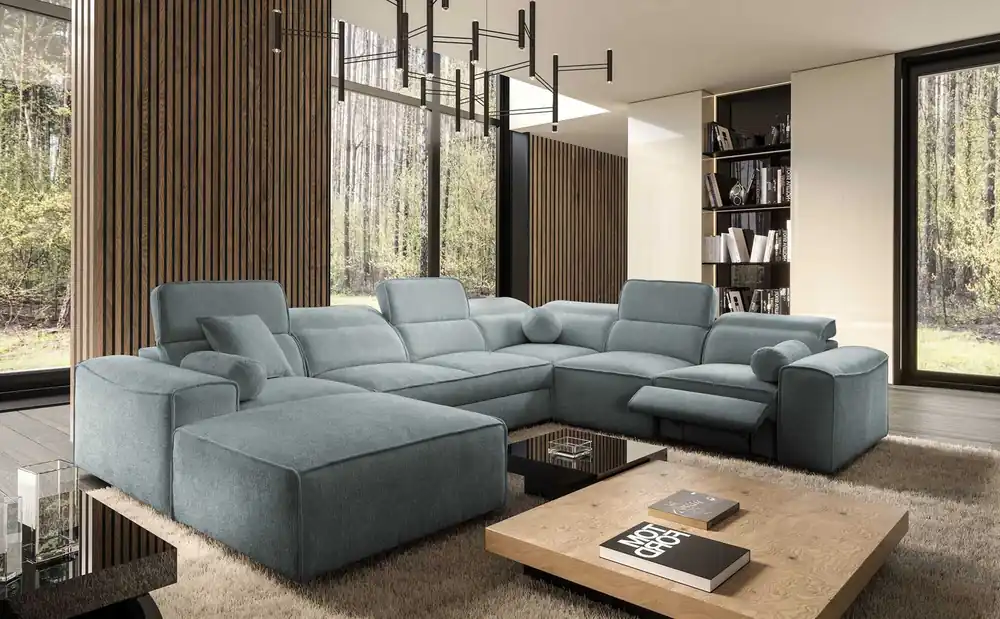 Ecksofa mit Schlaffunktion Viano VIII Lux grau blau links Design-Ecksofa mit ausziehbarem Fußteil Bettzeug-Container Günstig