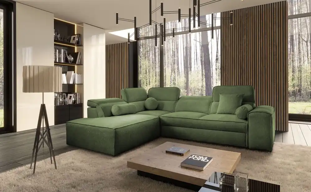 Ecksofa mit Schlaffunktion Viano VII grün links trendiges und stilvolles Ecksofa mit verstellbaren Kopfstützen Zierkissen Mega-Angebot