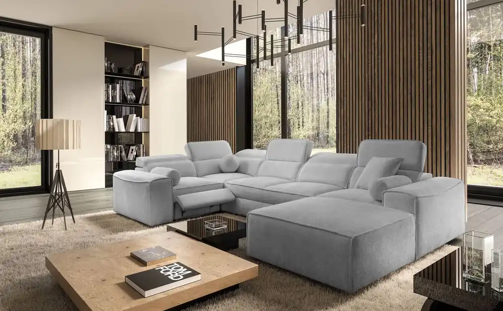 Ecksofa mit Schlaffunktion Viano IV Lux hellgrau rechts Design-Ecksofa mit ausziehbarem Fußteil großer Stauraum für Bettzeug Highlight