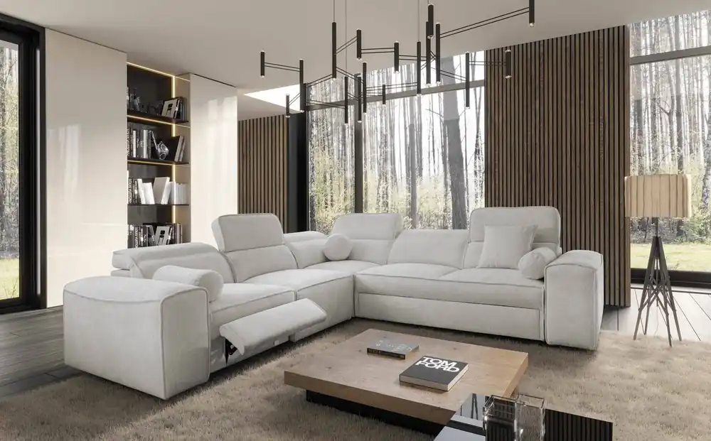 Ecksofa mit Schlaffunktion Viano III Lux grau Esche links modernes Ecksofa mit ausziehbarem Fußteil Container für Bettzeug Top-Angebot