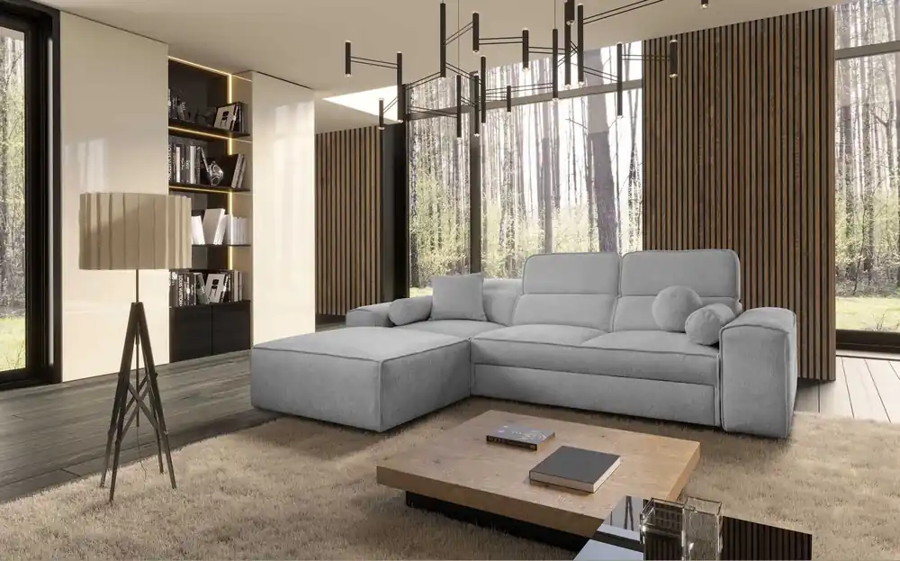 Ecksofa mit Schlaffunktion Viano hellgrau linke Seite stilvolles Ecksofa mit einer interessanten Form verstellbare Kopfstützen dekorative Kissen Sonderangebot
