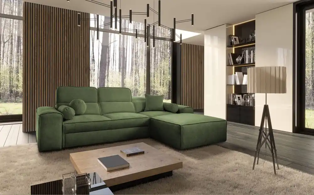 Saisonangebot Ecksofa mit Schlaffunktion Viano grün rechts stilvolles Ecksofa mit interessanter Form verstellbare Kopfstützen Zierkissen