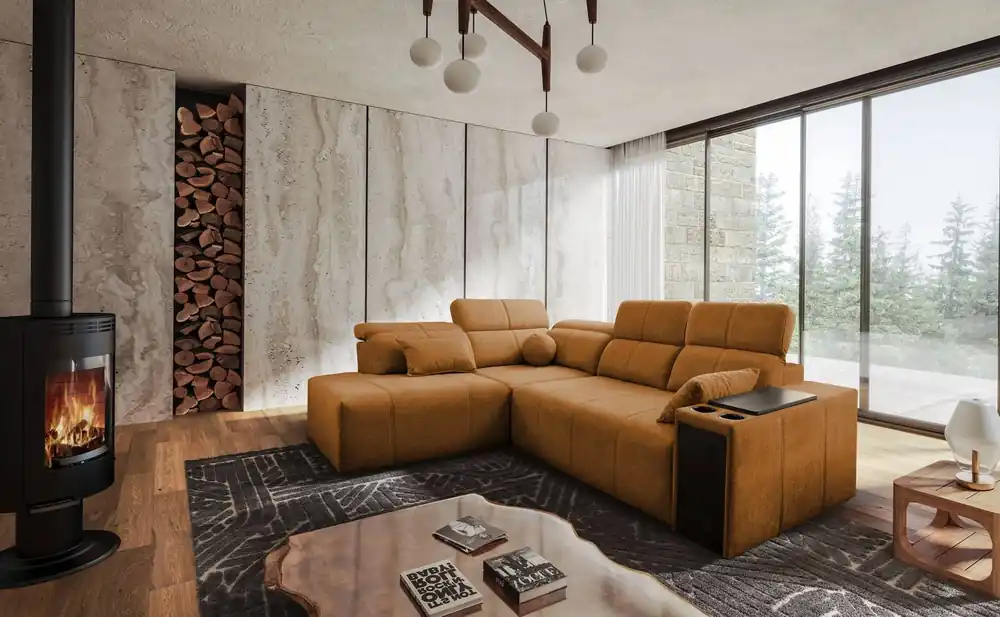 Markenware Ecksofa mit Schlaffunktion Tesalia VII Honig links modernes Design komfortable Schiebe-Rückenlehne Schublade in der Seite des Möbels