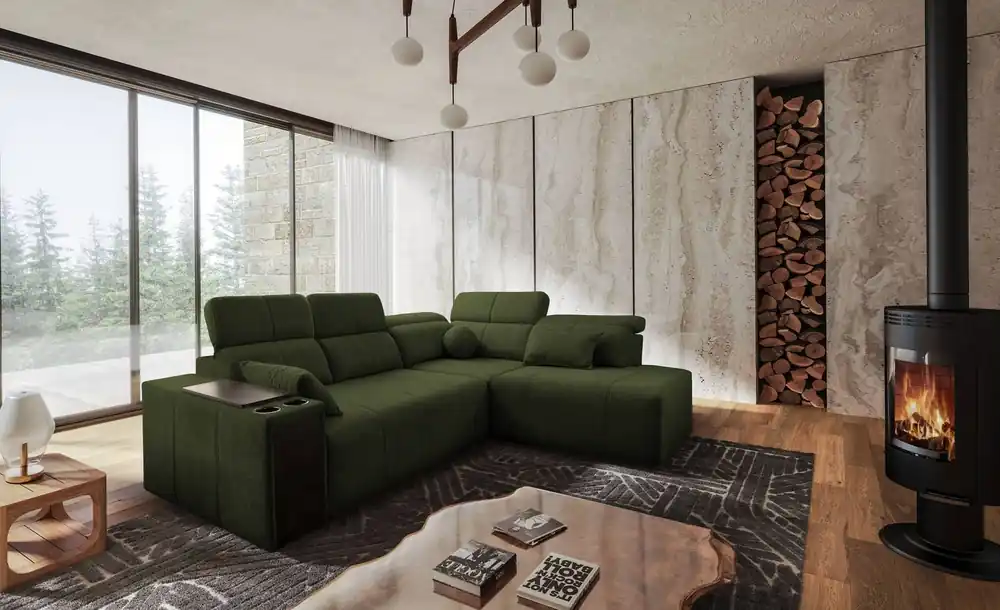 Neu Ecksofa mit Schlaffunktion Tesalia VII grün rechte Seite modernes Design komfortable Schiebelehne Schublade in der Seite des Möbels