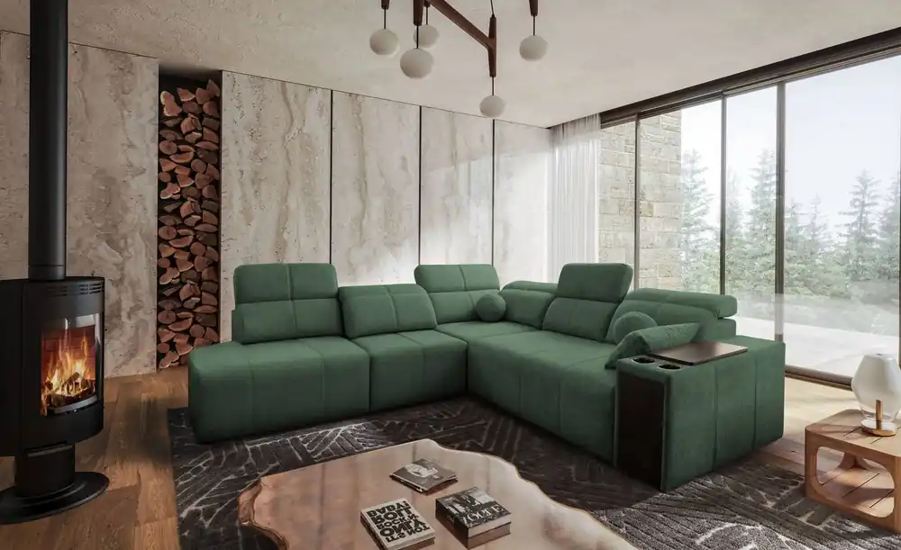 Ecksofa mit Schlaffunktion Tesalia IX mint links modernes Design komfortable Schiebelehne Schublade in der Seite des Möbels Sichere Zahlung