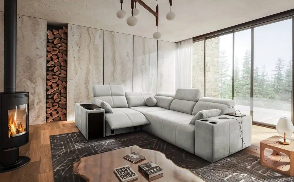 Sichere Zahlung Ecksofa mit Schlaffunktion Tesalia II Lux grau Esche links komfortables Ecksofa mit verschiebbarer Rückenlehne und ausziehbarer Fußstütze