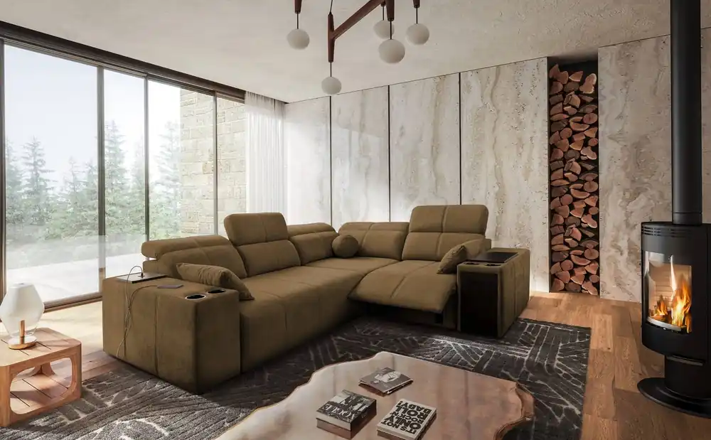 Ecksofa mit Schlaffunktion Tesalia II Lux braun rechtsseitig komfortables Ecksofa mit verschiebbarer Rückenlehne und ausziehbarem Fußteil Garantierte Lieferung