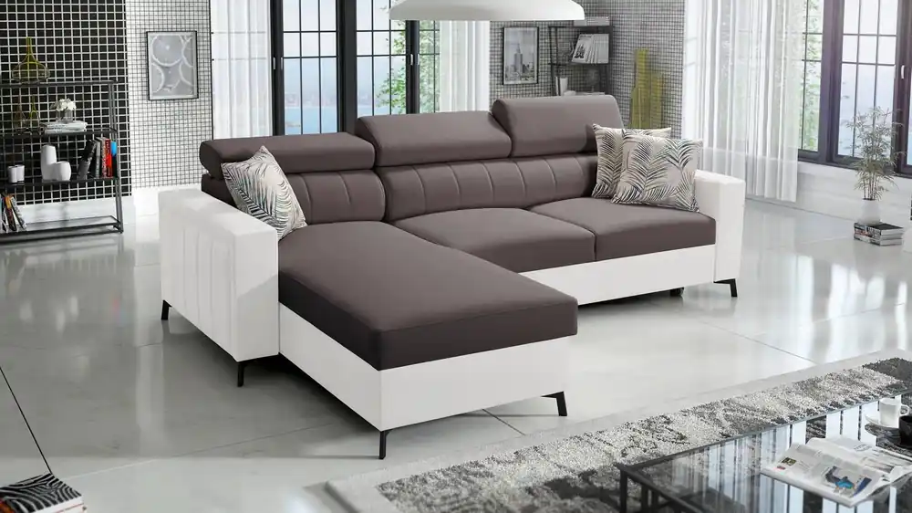 Angebot Ecksofa mit Schlaffunktion Savona braun/weiß links elegantes Ecksofa mit verstellbaren Kopfstützen Ziernähte