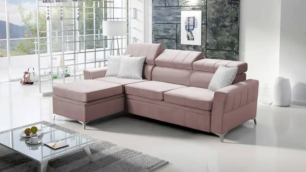 Preisknaller Ecksofa mit Schlaffunktion Rava lavendelrosa links Samt komfortables und funktionelles Ecksofa mit verstellbaren Kopfstützen