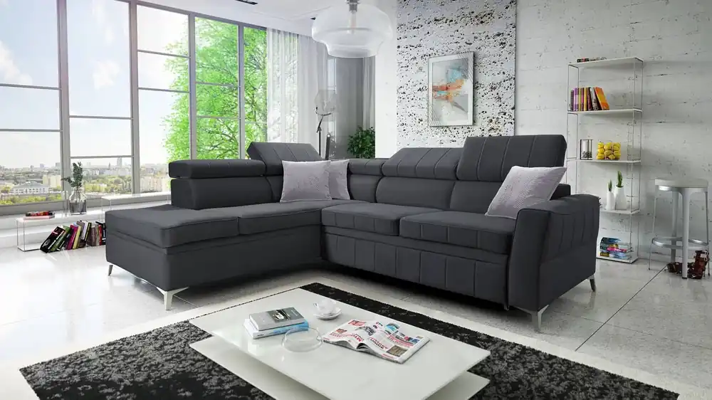 Echt Ecksofa mit Schlaffunktion Rava III graphit links Samt komfortables Ecksofa mit verstellbaren Kopfstützen und einem Bettzeugbehälter