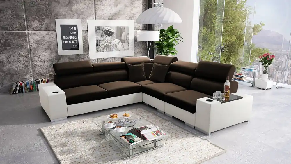 Echt Ecksofa mit Schlaffunktion Provo III braun / weiß rechtes Ecksofa mit Bettzeugablage und verstellbaren Kopfstützen