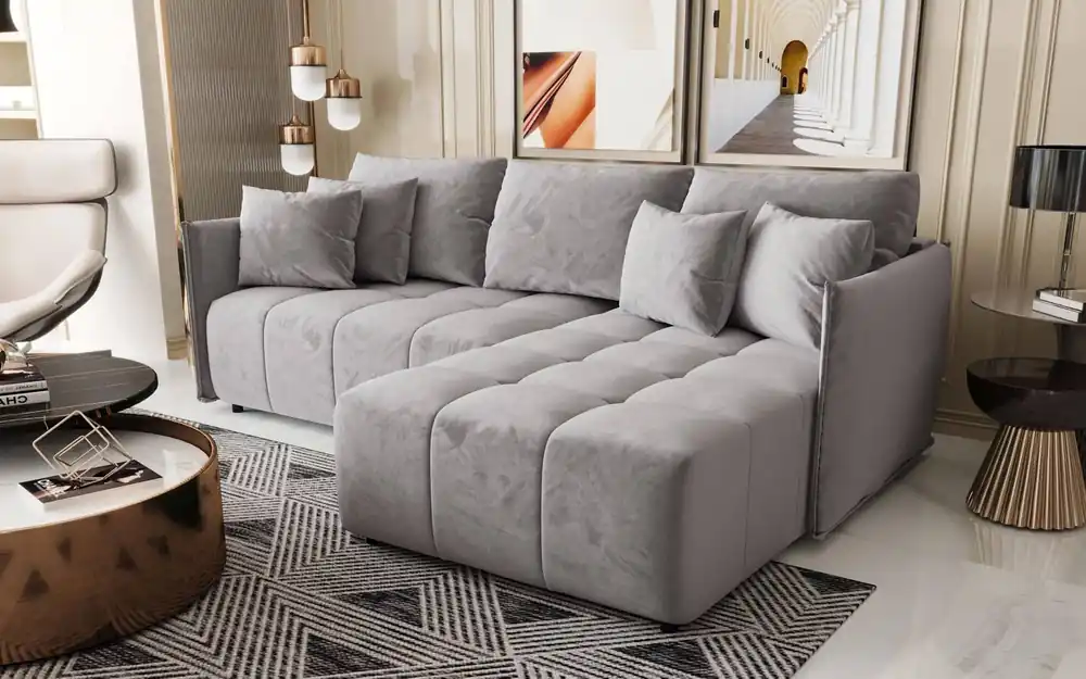 Nur Heute Ecksofa mit Schlaffunktion Oroso hellgrau rechte Seite weicher Samtstoff mit hydrophober Beschichtung Bettzeugbehälter