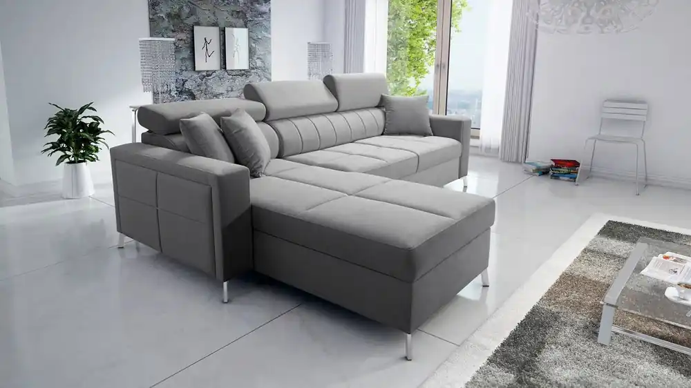 Ecksofa mit Schlaffunktion Nausa grau linkshändig Samt stilvoll bequemes Ecksofa verstellbare Kopfstützen Bettzeug Container Expressversand
