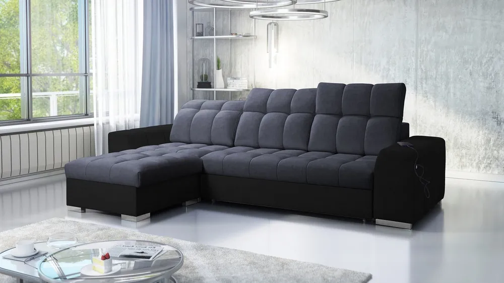 Finale Aktion Ecksofa mit Schlaffunktion Luigi graphit/schwarz links Ecksofa mit zwei Bettkästen Stoff mit interessanter Struktur