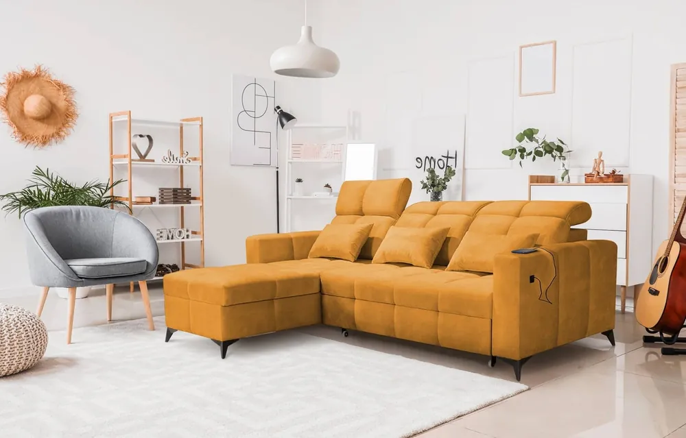 Solange Der Vorrat Reicht Ecksofa mit Schlaffunktion Laredo gelb links komfortables und stilvolles Ecksofa mit Bettzeugcontainer