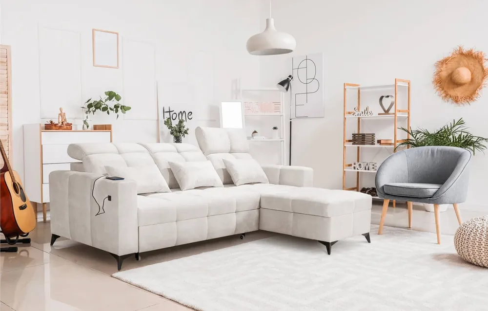 Begrenztes Angebot Ecksofa mit Schlaffunktion Laredo cremefarben rechte Seite komfortables und stilvolles Ecksofa mit Bettzeugcontainer