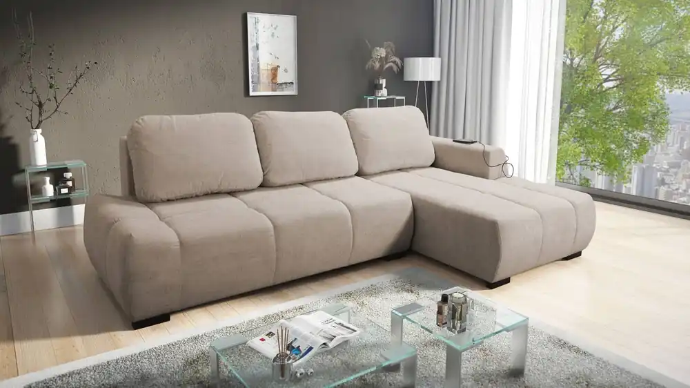 Ecksofa mit Schlaffunktion Gentle beige rechte Seite stilvolles Design Ecksofa-Bett, das sich durch seine abgerundete Form auszeichnet Expressversand