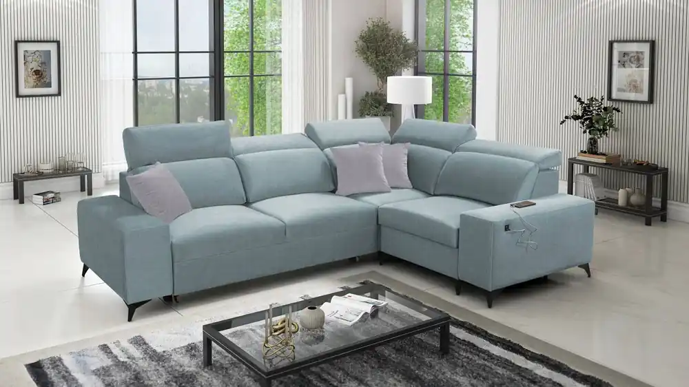 Neu Ecksofa mit Schlaffunktion Kelly Sleek II arctic blue rechte Seite elegantes Ecksofa für Wohnzimmer aus Webstoff