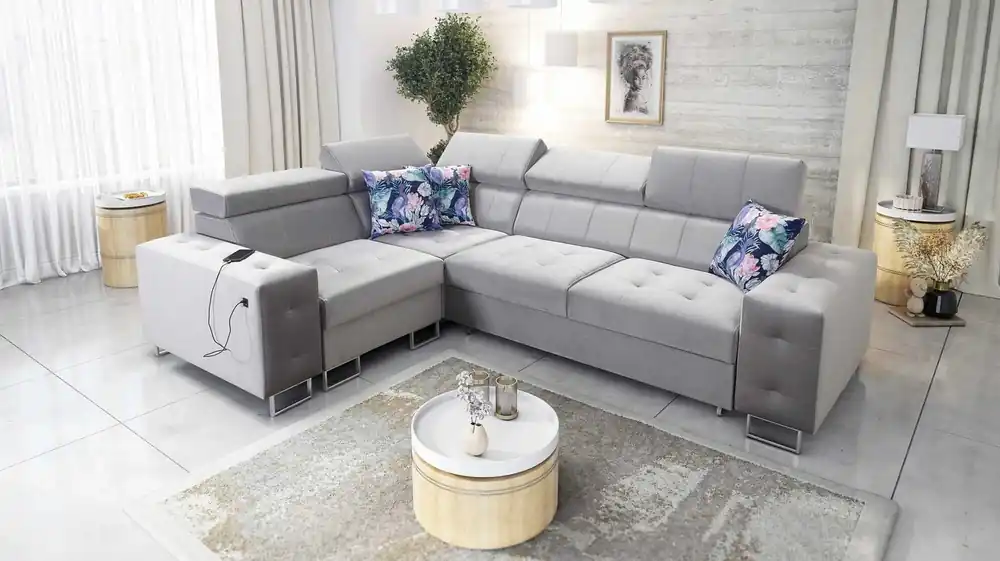 Must-Have Ecksofa mit Schlaffunktion Hampton II grau Esche links stilvolles Ecksofa Bett weiche Polsterung Stoffart Samt