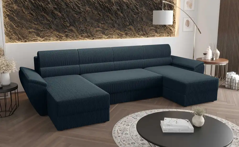 Sale Ecksofa mit Schlaffunktion Fogu U II blau bequemes Ecksofa mit bequemen Armlehnen interessanter Designcontainer für Bettzeug