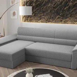 Super-Preis Ecksofa mit Schlaffunktion Fogu III grau Esche links Stilvolles Ecksofa mit Armlehnen Container für Bettzeug Kordelstoff