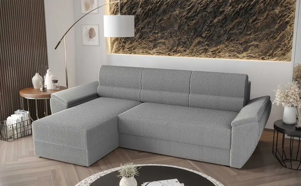 Expressversand Ecksofa mit Schlaffunktion Fogu II Grau Esche links Stilvolles Ecksofa mit bequemen Armlehnen und einem Bettkasten