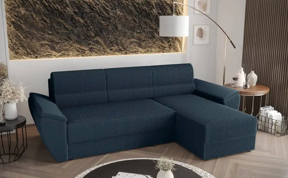 Ecksofa mit Schlaffunktion Fogu II blau rechtsseitig stilvolles Ecksofa mit bequemen Armlehnen und Bettzeugcontainer Expressversand