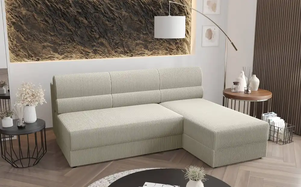 Saisonangebot Ecksofa mit Schlaffunktion Fogu elfenbeinfarbenes, rechtsseitiges Ecksofa mit einfachem Design, bezogen mit einem Bettcontainer aus Kordstoff