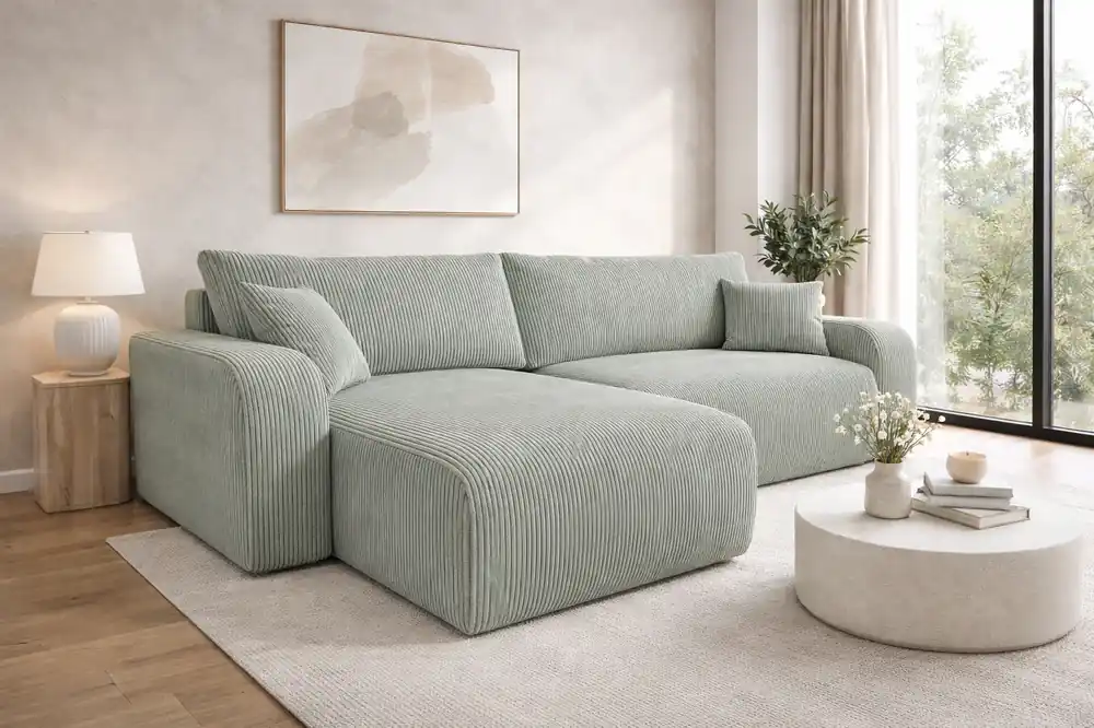 Ecksofa mit Schlaffunktion Fiesta XL hellgrau universal Ecksofa mit Bettzeugablage stilvoller Cordstoff Echt