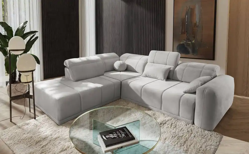 Wochenendangebot Ecksofa mit Schlaffunktion Cetara VII grau Esche links Hochwertiges Ecksofa für das Wohnzimmer mit bequemer Schiebelehne