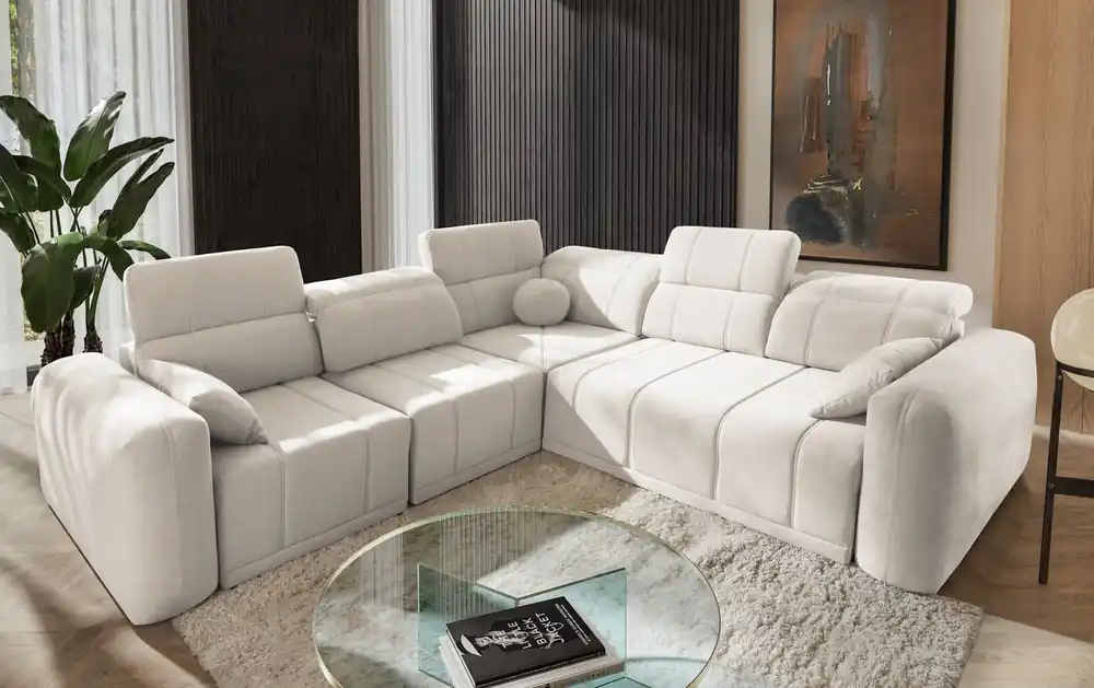 Günstig Ecksofa mit Schlaffunktion Cetara III cremefarben links Ergonomisches Ecksofa mit verschiebbarer Rückenlehne und verstellbaren Kopfstützen