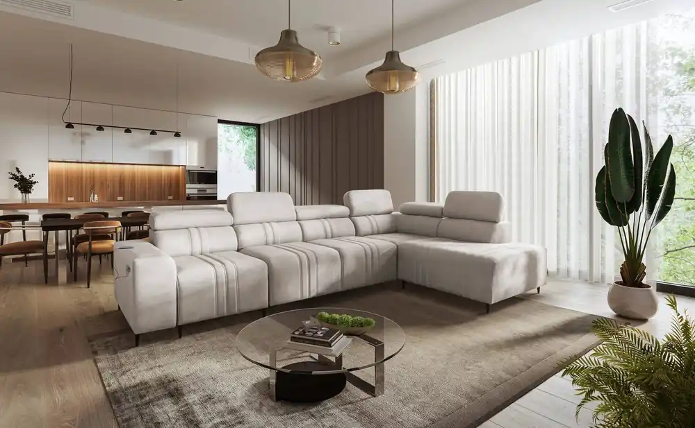 Ecksofa mit Schlaffunktion Castel XI beige rechte Seite bequemes Ecksofa mit Bettzeugablage strapazierfähiger Stoff Schnäppchen