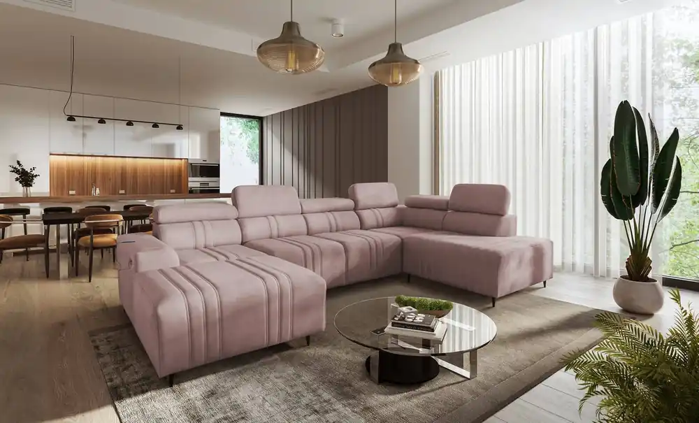 Ecksofa mit Schlaffunktion Castel VI rosa links komfortables und elegantes Ecksofa mit zwei Bettkästen Echt
