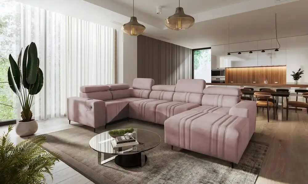 Jetzt Bestellen Ecksofa mit Schlaffunktion Castel IV rosa rechte Seite stilvolles Ecksofa mit Bettzeugcontainern und verstellbaren Kopfstützen