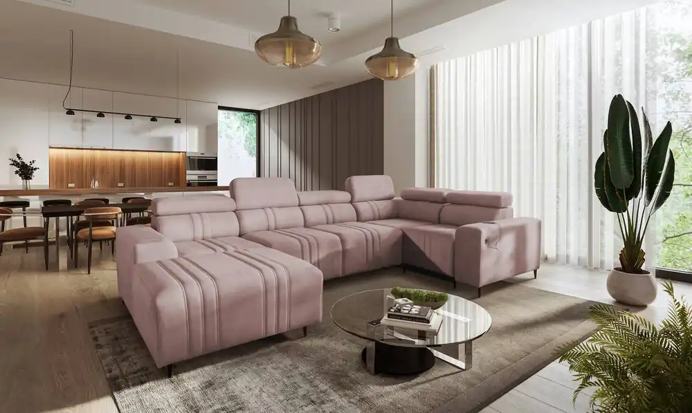 Heißes Angebot Ecksofa mit Schlaffunktion Castel IV rosa linke Seite stilvolles Ecksofa mit Bettzeugbehältern und verstellbaren Kopfstützen