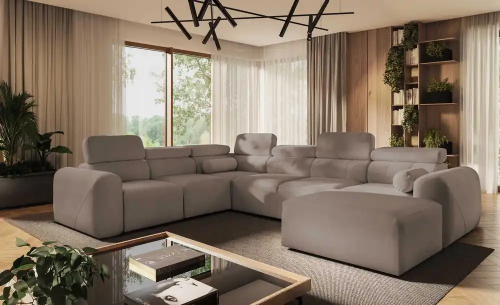 Sofort Bestellen Ecksofa mit Schlaffunktion Cantare VIII dunkelbeige rechts geschmackvolles Ecksofa mit verstellbaren Kopfstützen Container für Bettzeug
