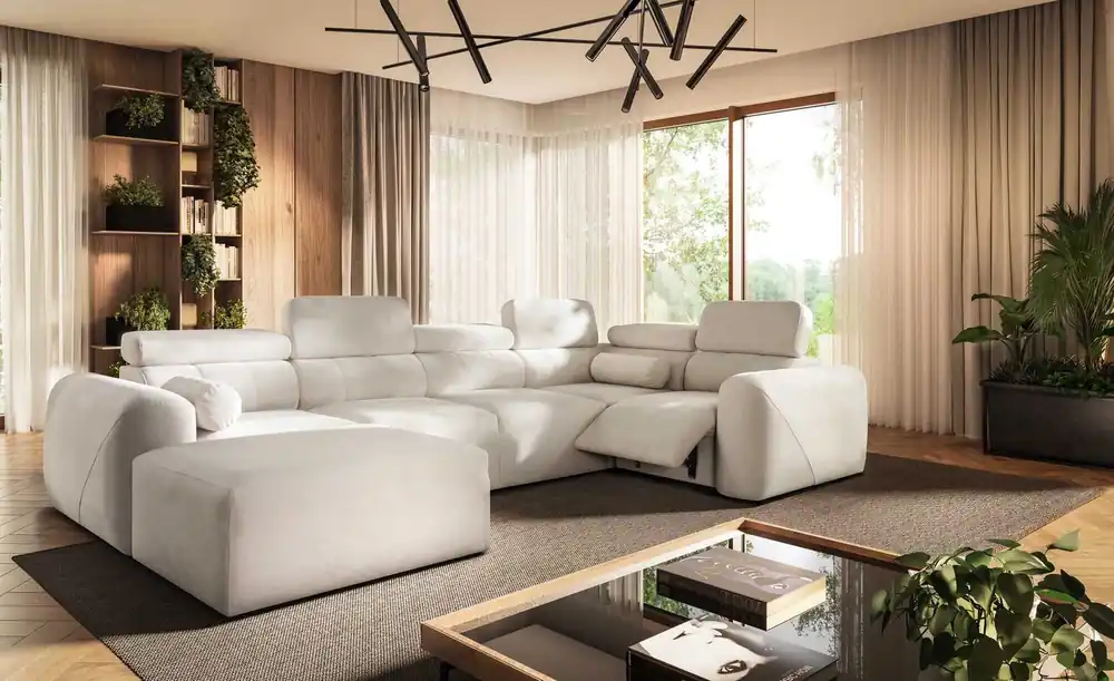 Rabatt Ecksofa mit Schlaffunktion Cantare IV Lux Elfenbeinfarbenes links Sorgfältig verarbeitetes Ecksofa für das Wohnzimmer mit hochklappbarer Fußstütze