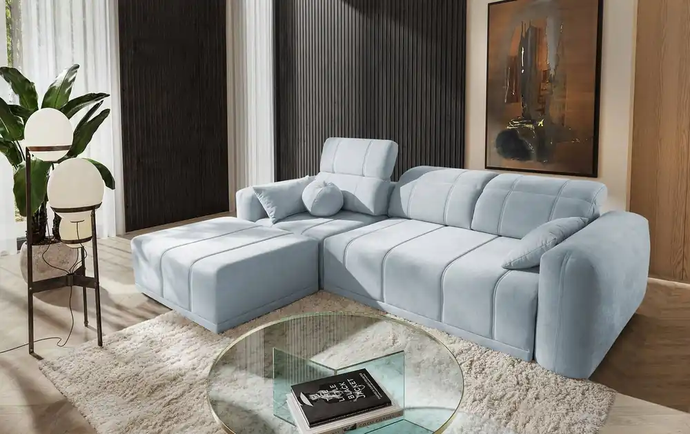 Ecksofa mit Schlaffunktion Cetara blau linke Seite stilvolles Design bequeme, verschiebbare Rückenlehne verstellbare Kopfstützen Schnäppchen