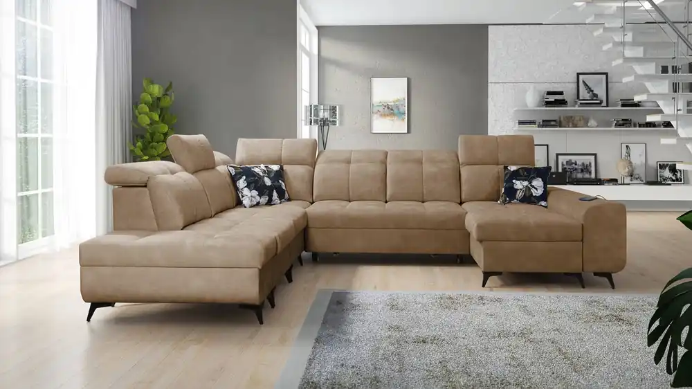 Ecksofa mit Schlaffunktion Buffalo X dunkelbeige rechte Seite funktionelles und bequemes Ecksofa für ein Zimmer mit Bettzeugcontainern Neu