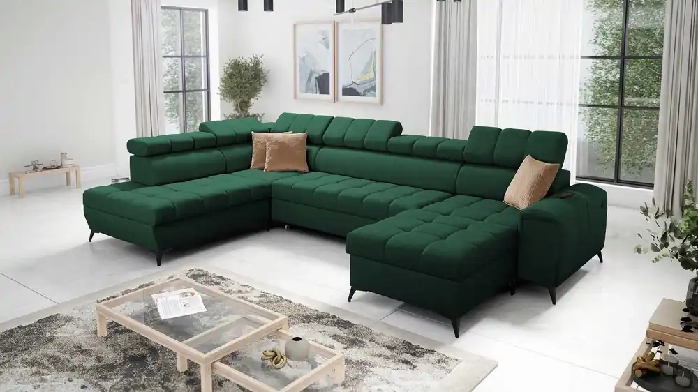 Ausverkauf Ecksofa mit Schlaffunktion Bolmso VI grün rechts bequemes Ecksofa mit verstellbaren Kopfstützen dekorative Steppung auf der Sitzfläche
