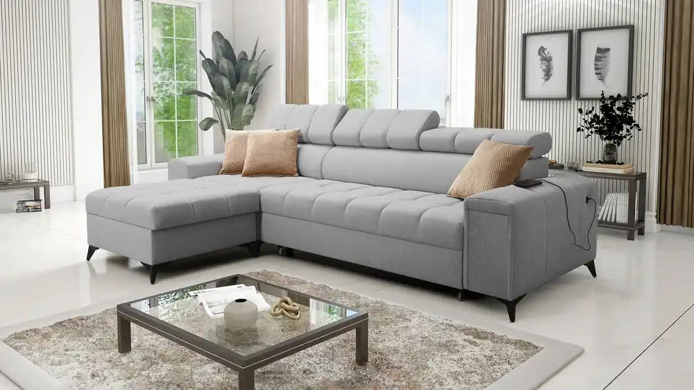 Markenprodukt Ecksofa mit Schlaffunktion Bolmso grau linkes Ecksofa mit zwei Bettkästen praktische Schublade in der Seite des Möbels