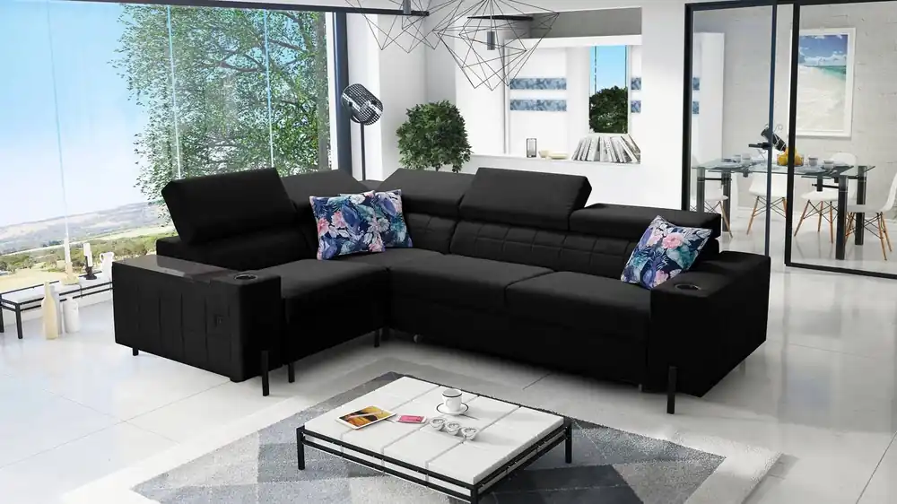 Ecksofa mit Schlaffunktion Belvi II schwarz links elegantes und ergonomisches Ecksofa für das Wohnzimmer praktischer Stauraum an der Seite Wochenendangebot