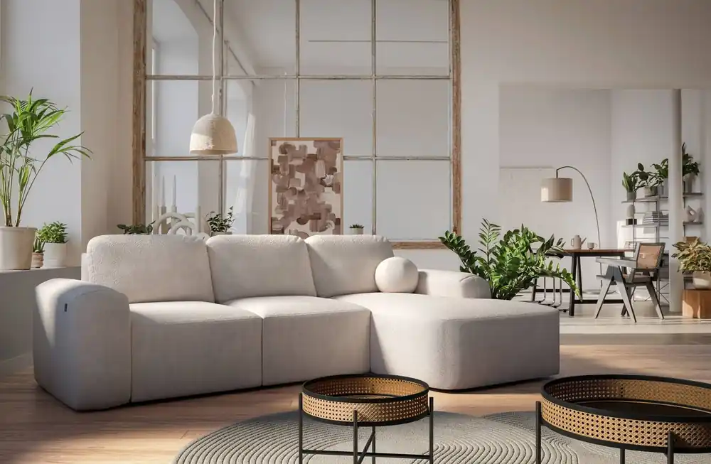 Preisreduziert Ecksofa mit Schlaffunktion Arbon beige rechte Ecke modernes Design mit markanter Form weicher Stoff