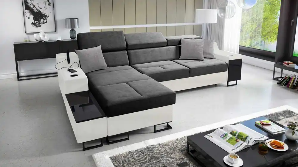 Ecksofa mit Schlaffunktion Alcamo grau/weiß links elegantes und stilvolles Ecksofa mit einer ausziehbaren praktischen Schublade an der Seite des Möbels Nur Für Kurze Zeit