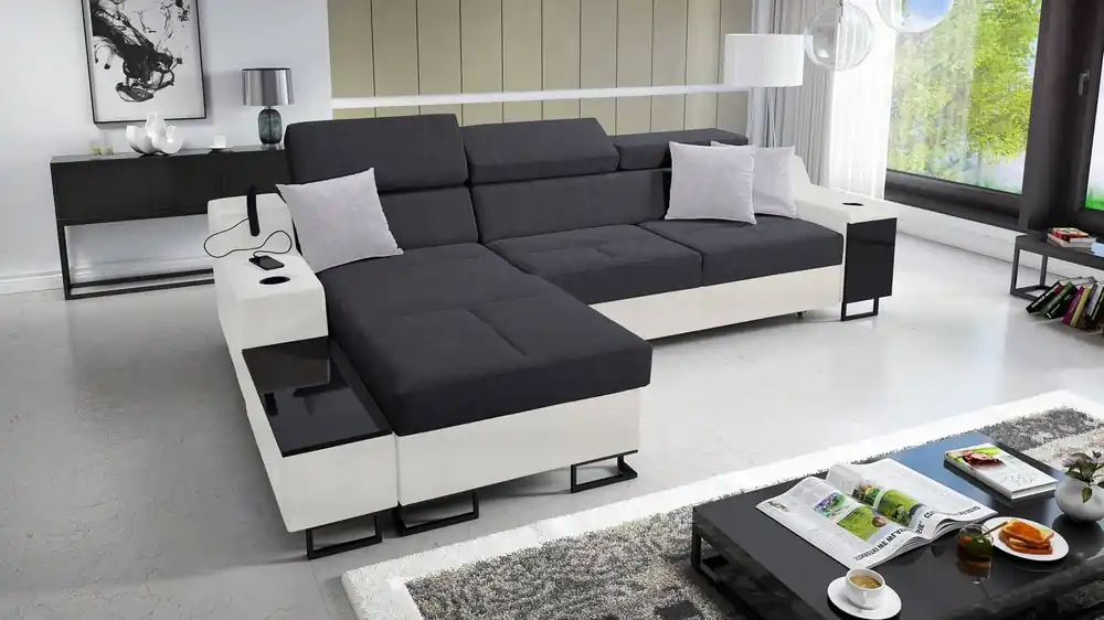 Ecksofa mit Schlaffunktion Alcamo graphit/weiß links elegantes Ecksofa mit einer ausziehbaren praktischen Schublade an der Seite des Möbels Abverkauf
