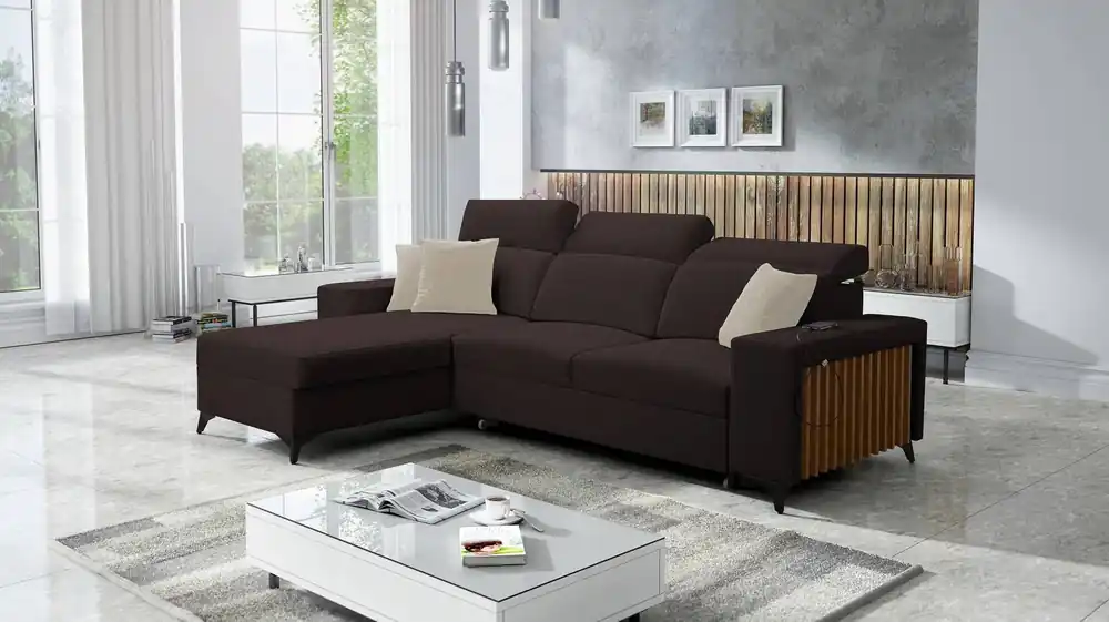 Kelly Ecksofa mit Schlaffunktion braun links geflochten Komfort und Funktionalität Eckseite mit Latten abgeschlossen Ausverkauf