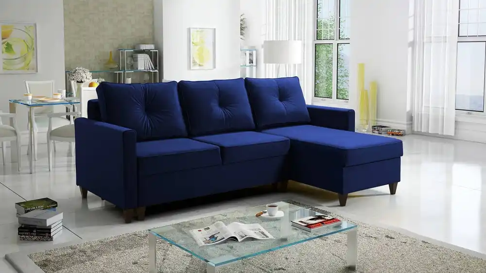 Meistverkauft Ecksofa mit Schlaffunktion Terni marineblau rechts Praktisches und funktionelles Ecksofa mit geräumigen Behältern für Bettzeug