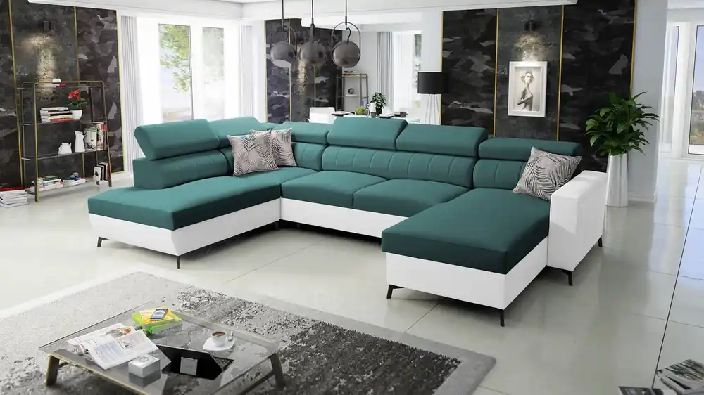 Ecksofa mit Schlaffunktion Savona VI türkis / weiß rechts elegantes und bequemes Ecksofa für das Wohnzimmer zwei Container für Bettzeug Mega-Angebot